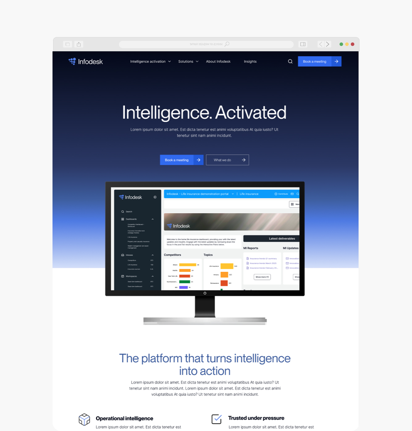 Infodesk homepage hero, Intelligence. Activated, shown on desktop monitor