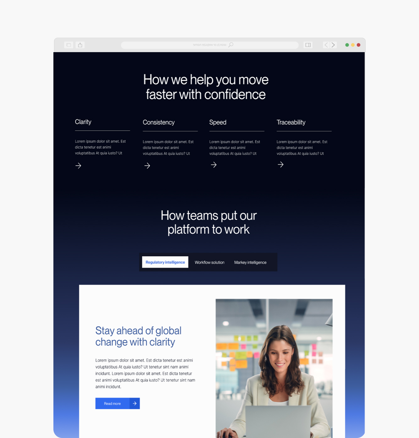 Infodesk dark section, How we help you move faster with confidence