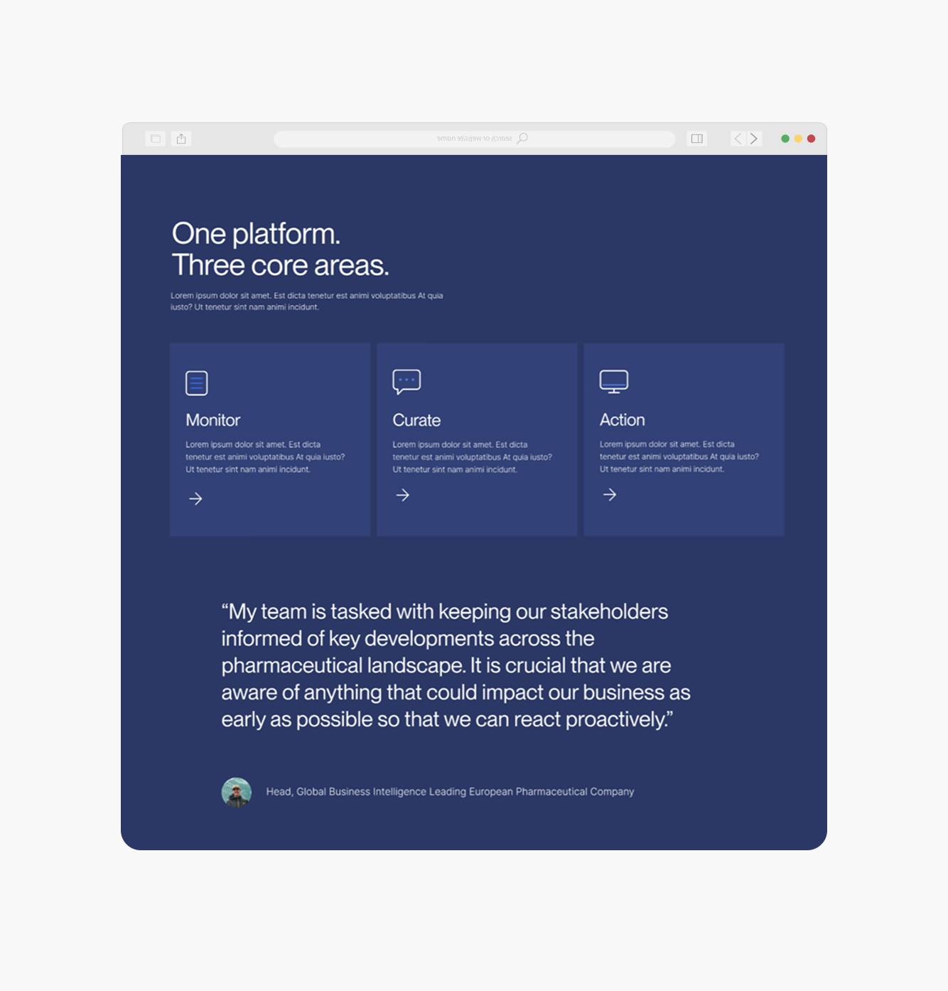 Infodesk dark section, One platform, three core areas, with client quote