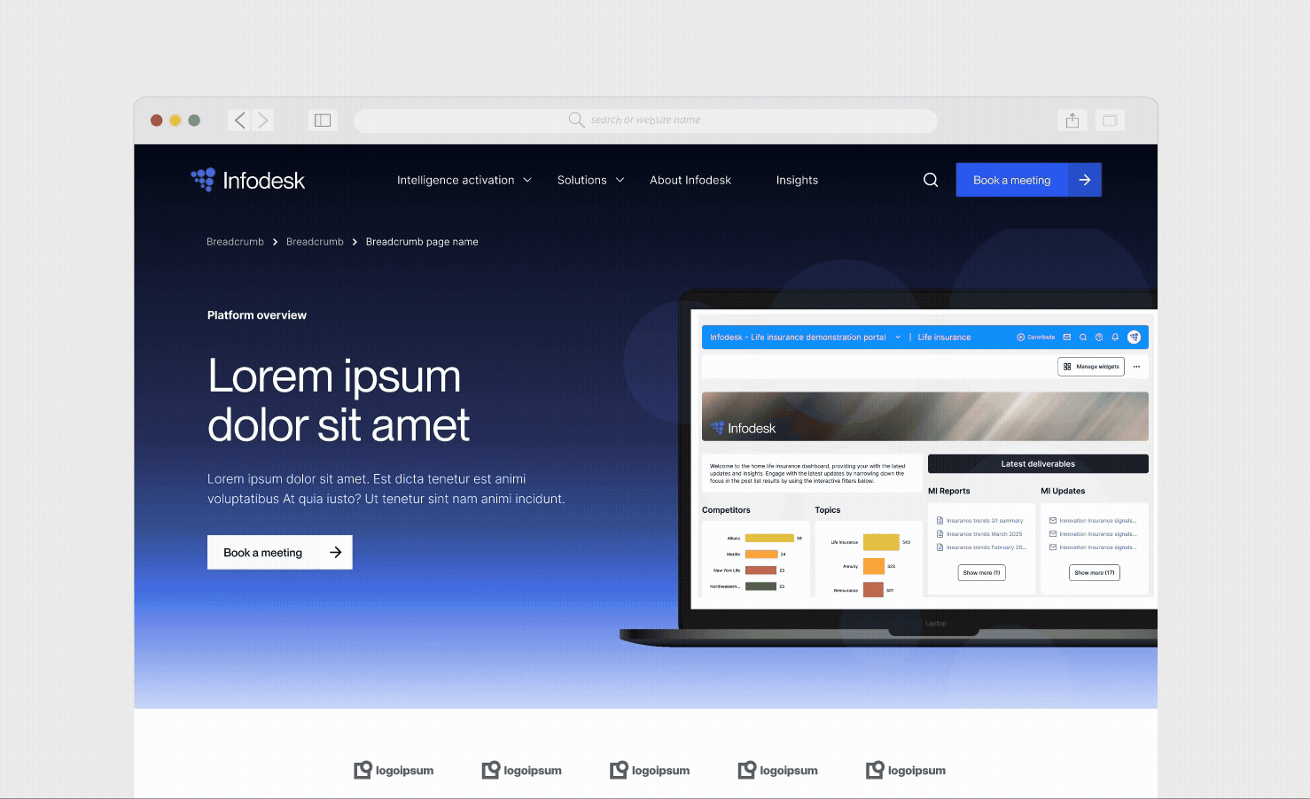 Infodesk platform overview page on desktop with dashboard mockup