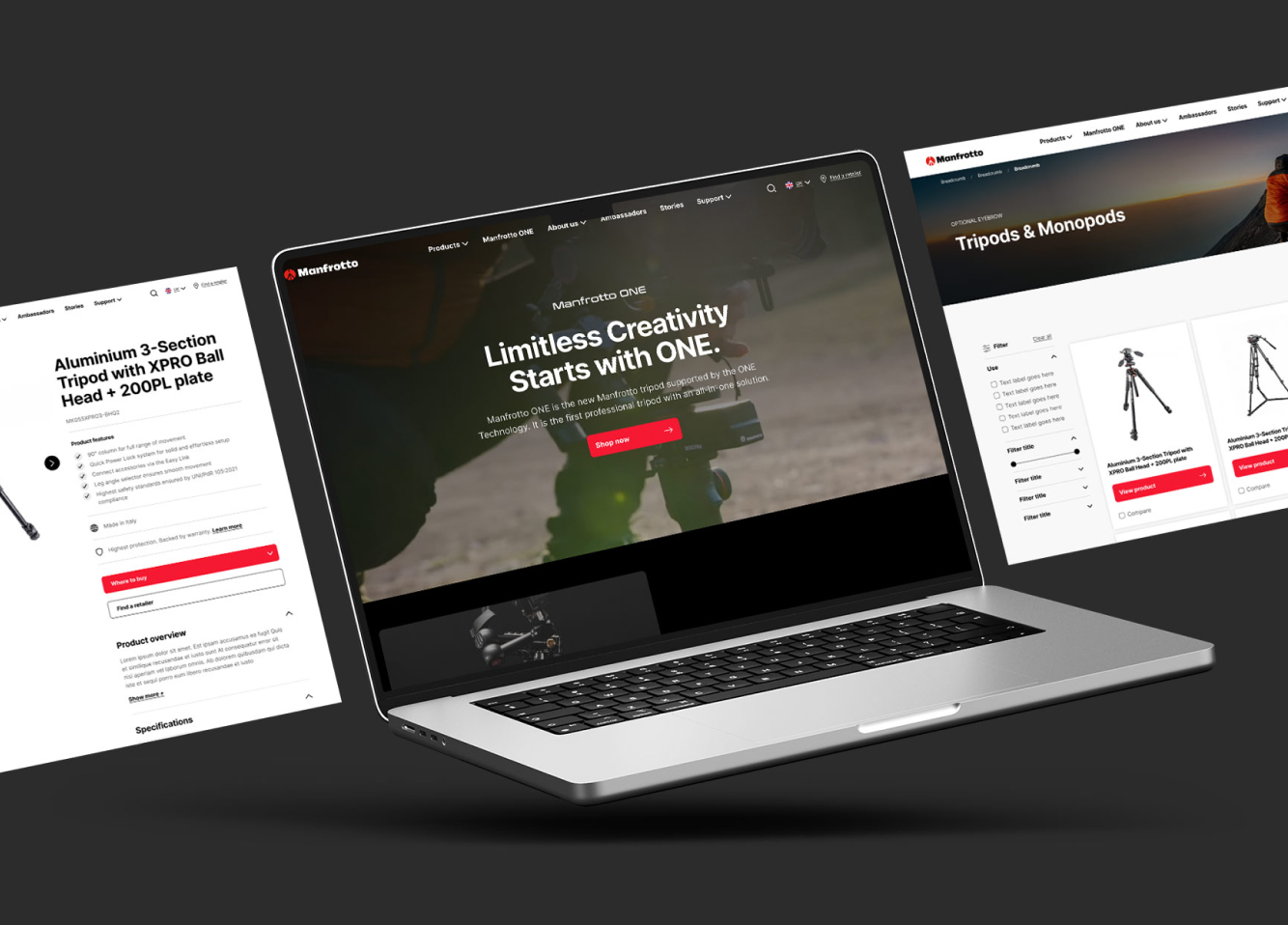 Manfrotto ONE homepage and product pages shown across desktop and mobile