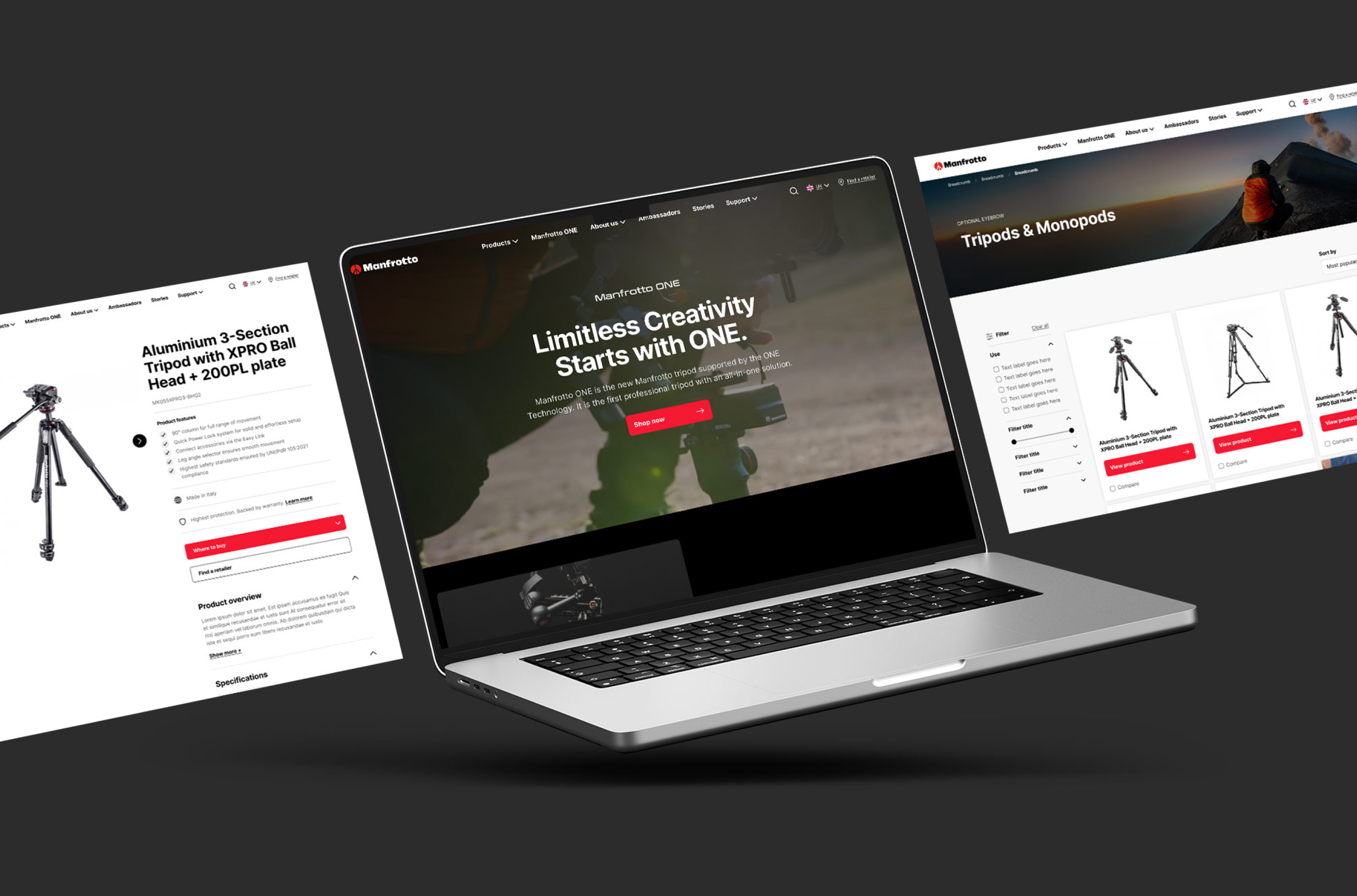 Manfrotto ONE homepage, product page, and Tripods & Monopods category shown on laptop