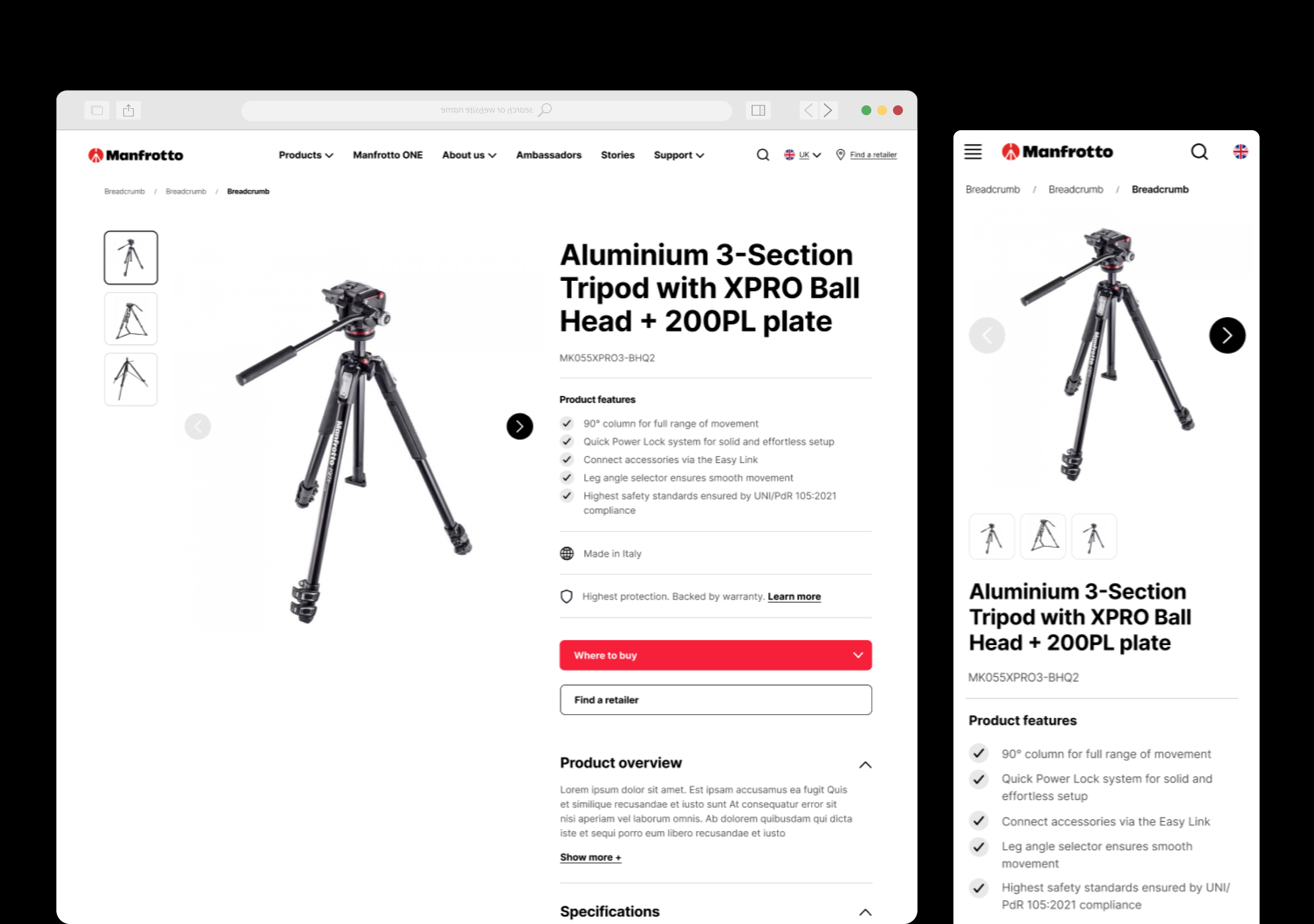 Manfrotto product detail page for Aluminium 3-Section Tripod on desktop and mobile