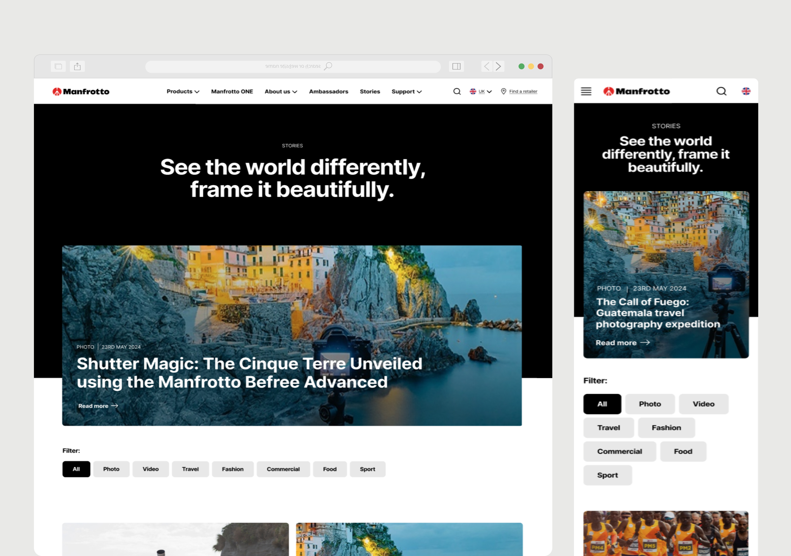 Manfrotto Stories editorial page on desktop and mobile