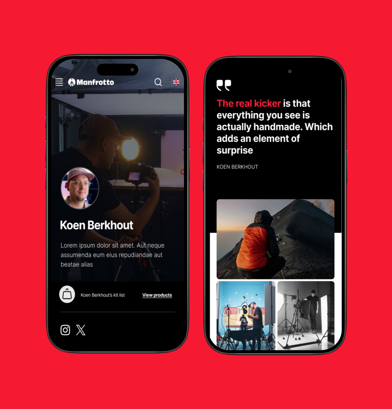 Manfrotto ambassador profile page for Koen Berkhout on mobile